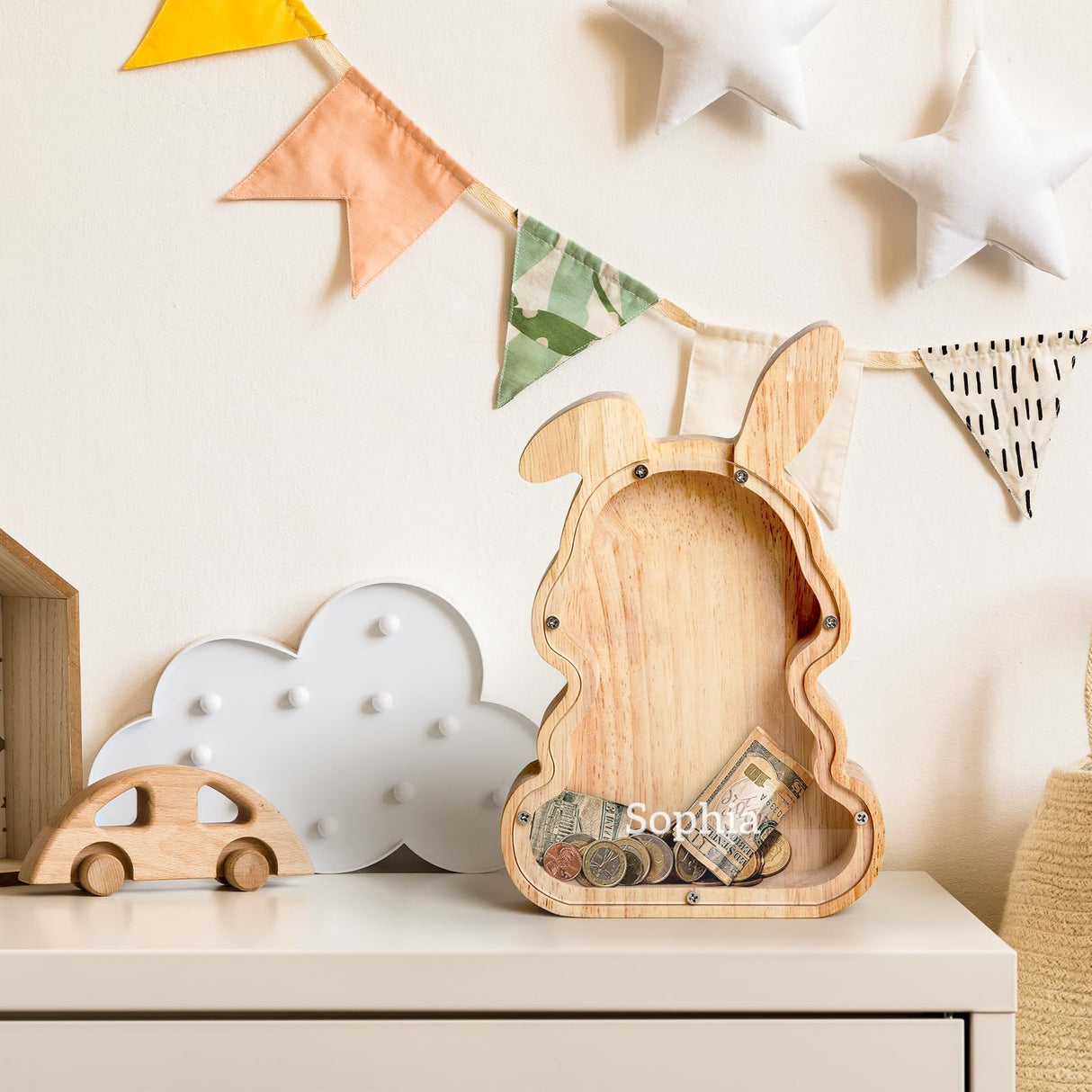 Customizedbee Bunny Piggy Bank for Kids, Personalized Wooden Money Box, Easter Gifts for Kids, Birthday Presents Piggy Bank Toy, Bedroom Decor Money Holder Encourages Early Saving Customizedbee