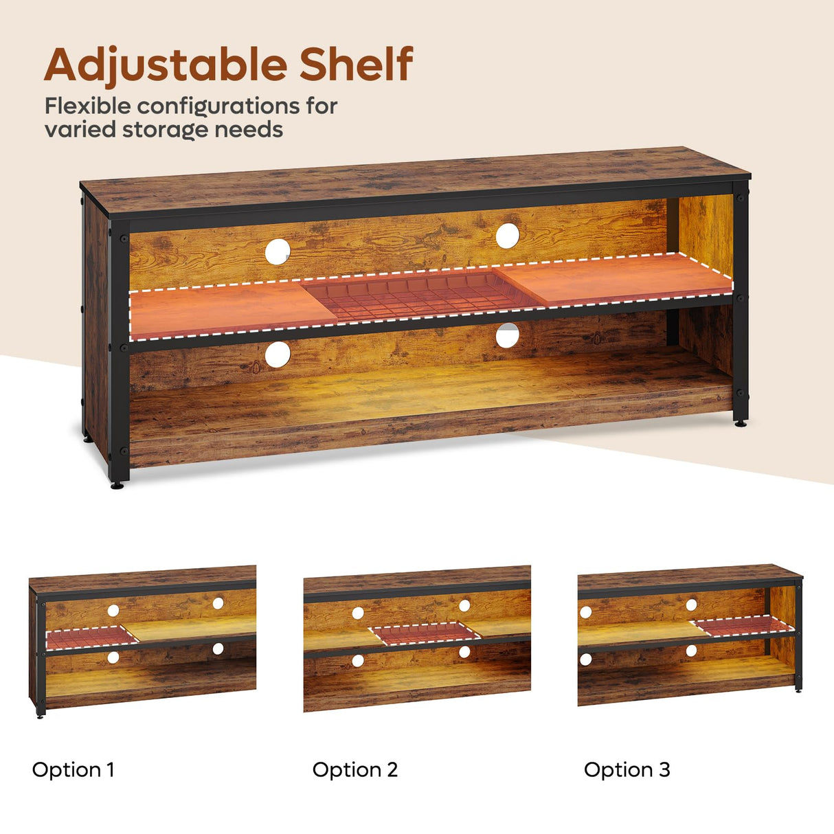 Bestier LED TV Stand for 55/60 Inch TVs, Gaming Entertainment Center with Adjustable Shelves, Modern Industrial Media Console with Storage Shelves for Living Room Bedroom, Rustic Brown Bestier