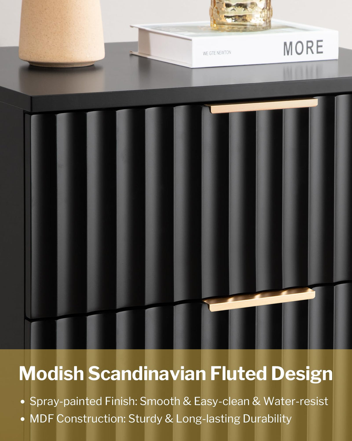 SICOTAS Black Night Stand Set 2, Wide Fluted Nightstand with 2 Drawers, Modern Glossy Storage Bedside Table for Bedroom, End Side Table with Golden Metal Legs and Handles SICOTAS