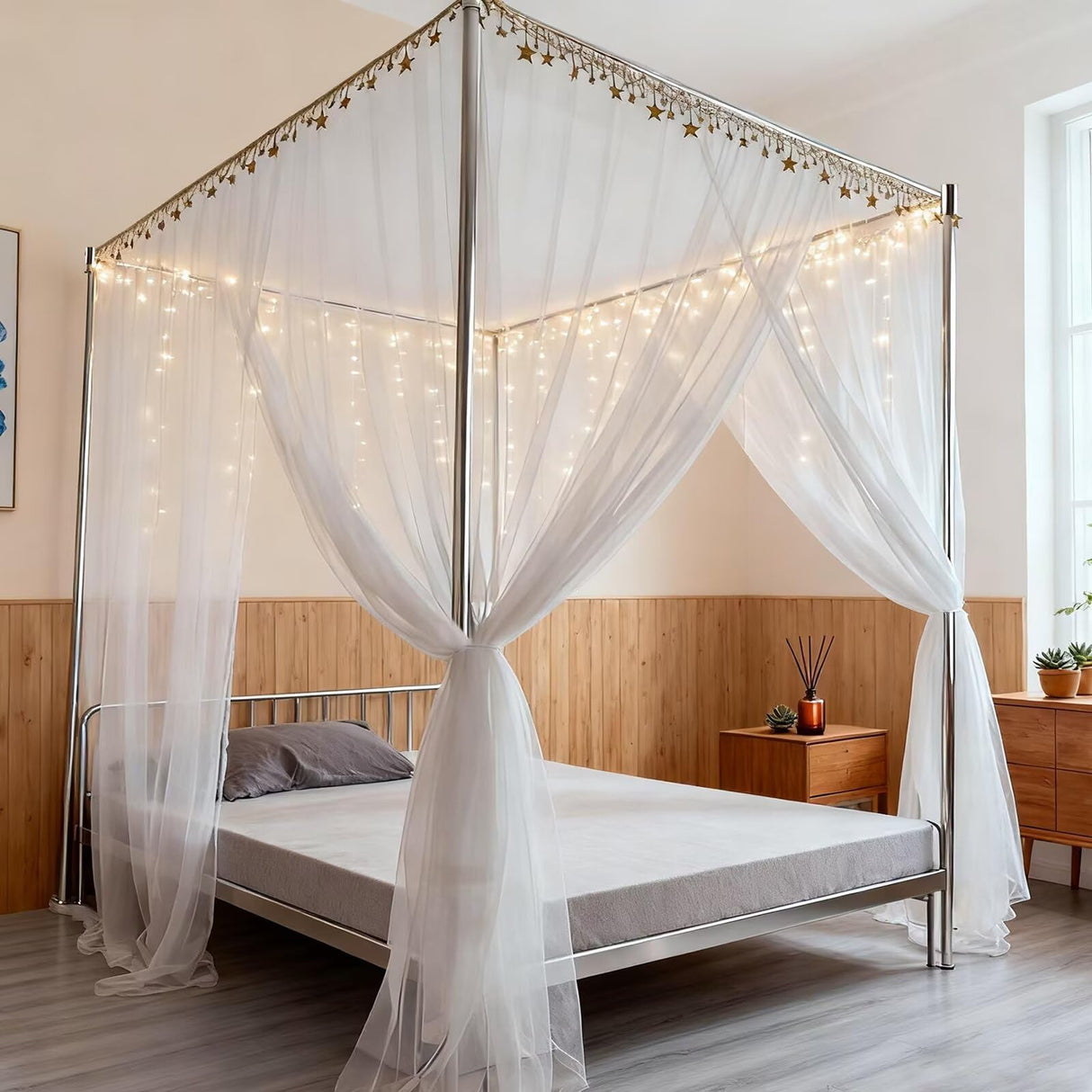 Canopy Bed Frame Queen Size, Thicken Stainless Steel Canopy Bed Frame, Bed Post Poles with Metal Connectors for Mosquito Curtains, Bedroom Decor Mosqutent