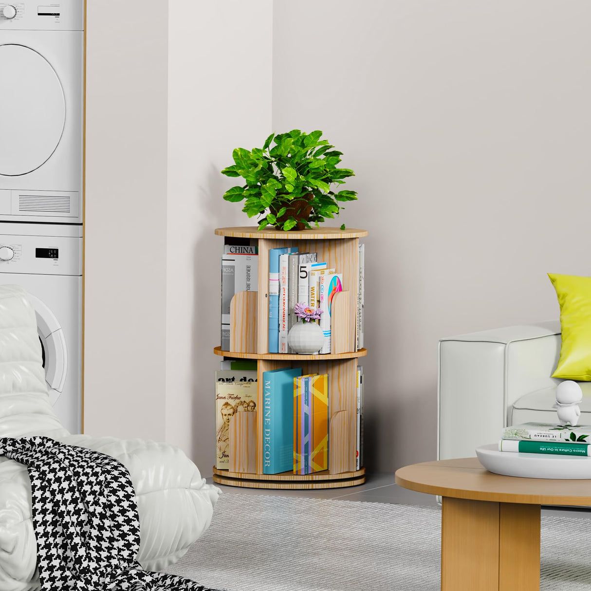 Kinembold Small Rotating Bookshelf, 2 Tier Revolving Bookcase 360 Display Round Spinning Bookshelf Narrow Swivel Corner Book Shelf Standing Bookcase for Kids Bedroom, Living Room Kinembold