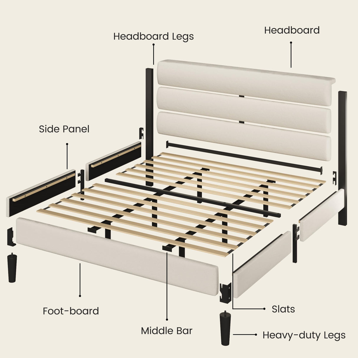 Fluest King Bed Frame, Platform Bed with Velvet Upholstered Headboard, No Box Spring Needed, Sturdy Metal Support, Noise Free, Easy Assembly, Mattress Foundation, Modern Bedroom Furniture, Beige Fluest