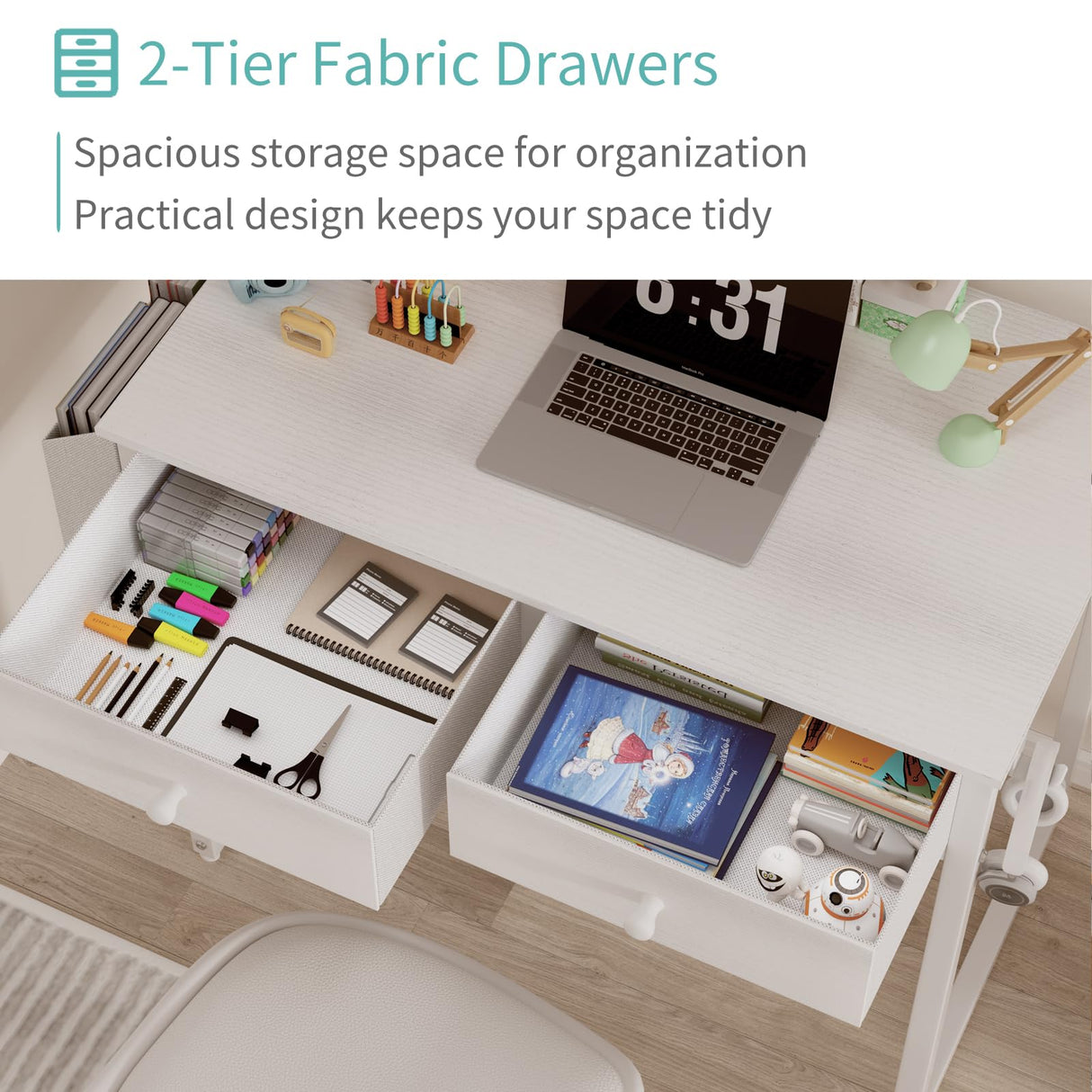 Lufeiya Small White Desk with Drawers - for Bedroom, 32 Inch Home Office Computer Desk with Fabric Storage Drawer and Bag, Study Writing Table for Small Spaces, White Lufeiya