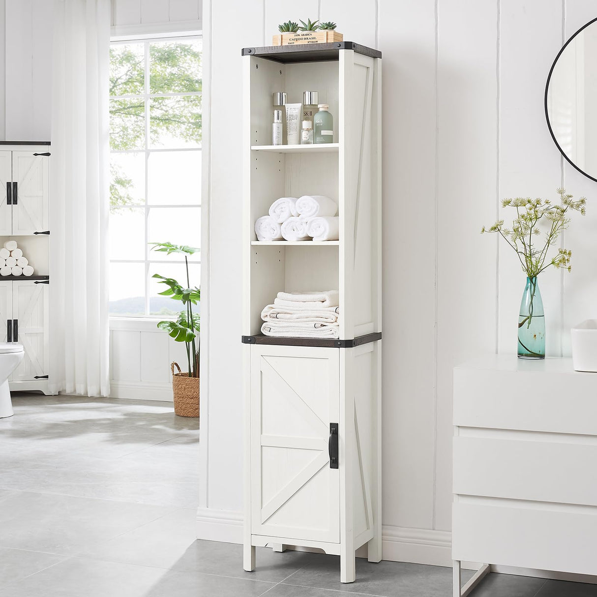 Minifeel Bathroom Storage Cabinet, 5-Shelf Farmhouse Storage Cabinet with Barn Door&Adjustable Shelves, Bathroom Organizer for Living Room, Kitchen (Antique White) Minifeel