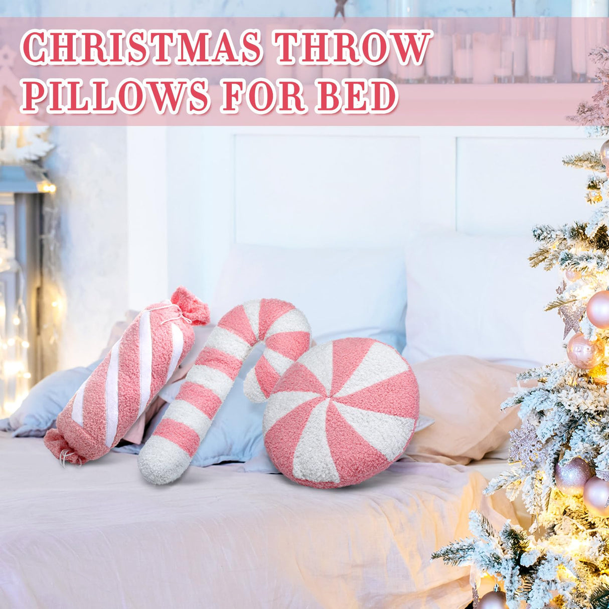 Anglechic 3 Pcs Christmas Pillows Decorative Throw Pillows Candy Merry Christmas Tree Stuffed Wool Soft Xmas Plush Cushion for Sofa Couch Bedroom Living Room(Pink) Anglechic