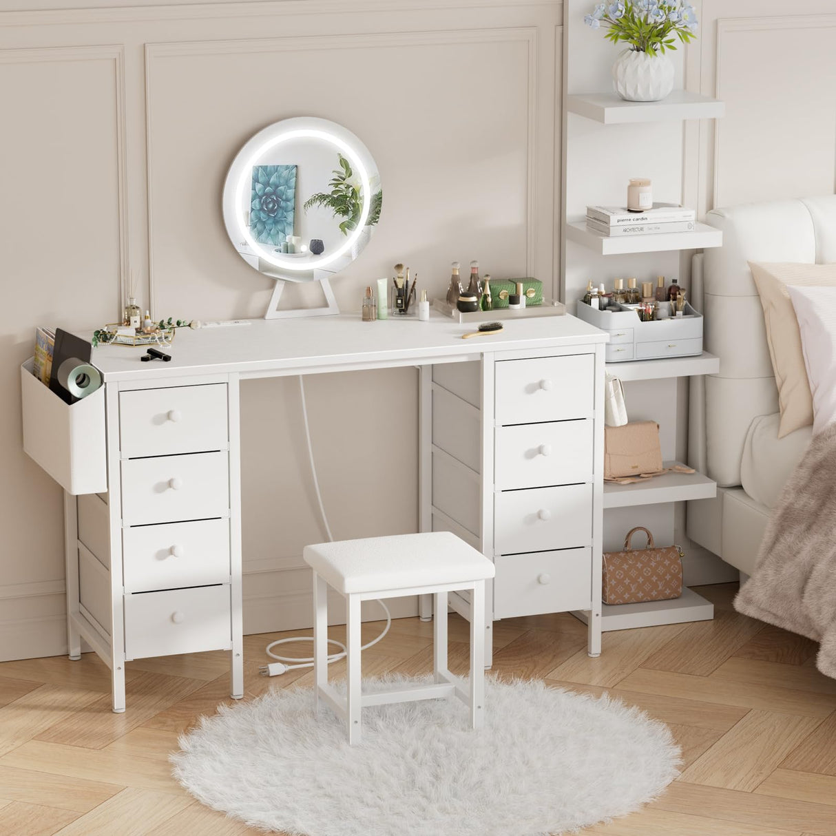 KAI-ROAD Makeup Vanity with Storage and Lighted Mirror - White Vanity Desk with Mirror and Lights, 8 Large Fabric Drawers & Power Outlet, Dressing Table Vanities Chair Set for Girls Bedroom KAI-ROAD