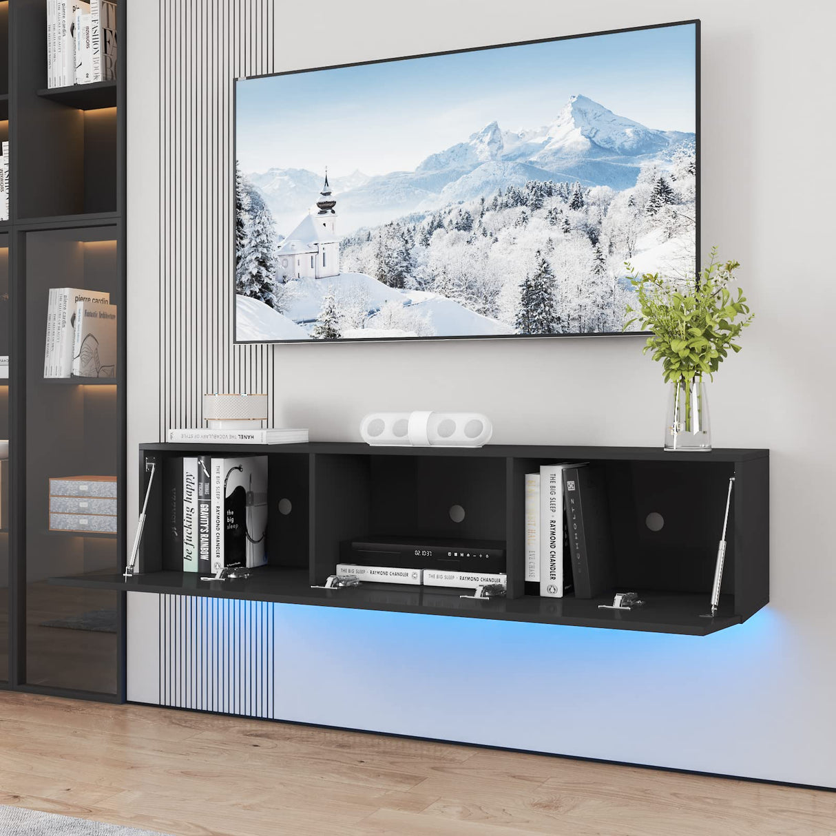 HOMMPA Floating TV Stand with Led Light for 63 Inch TVs Wall Mounted Led Entertainment Center Black with High Gloss Storage Modern Floor Mounted Media Console with Led Light for Living Room HOMMPA