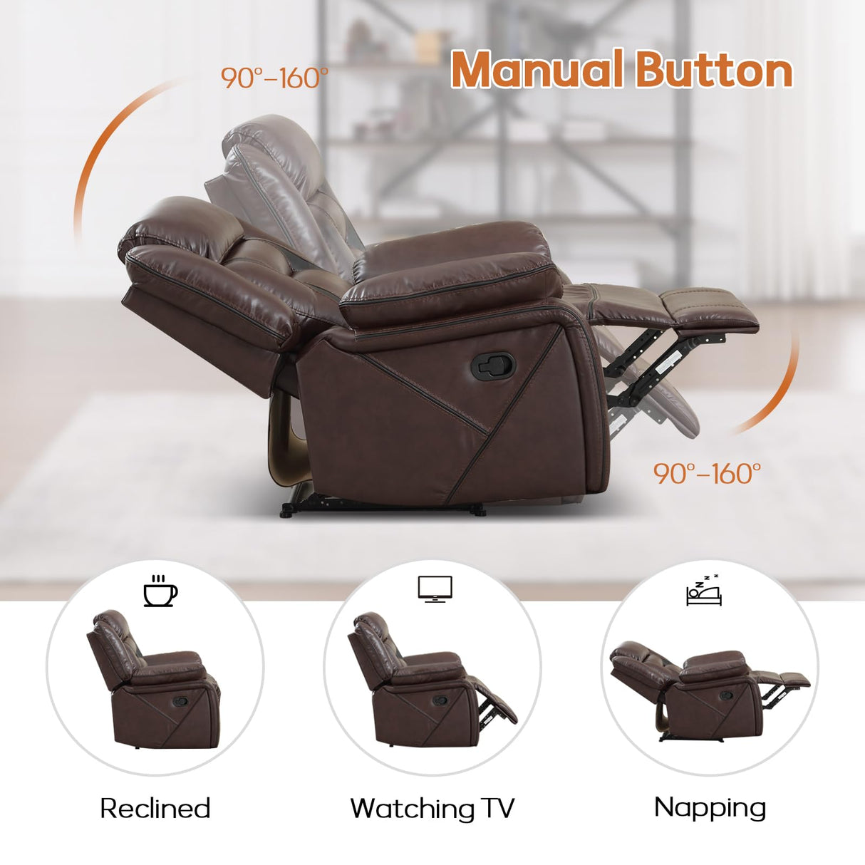 EBELLO Manual Recliner Sofa Set, Faux Leather Reclining Living Room Furniture Set, Included Recliner Chair and 3 Seat Manual Sofa, Dark Brown EBELLO