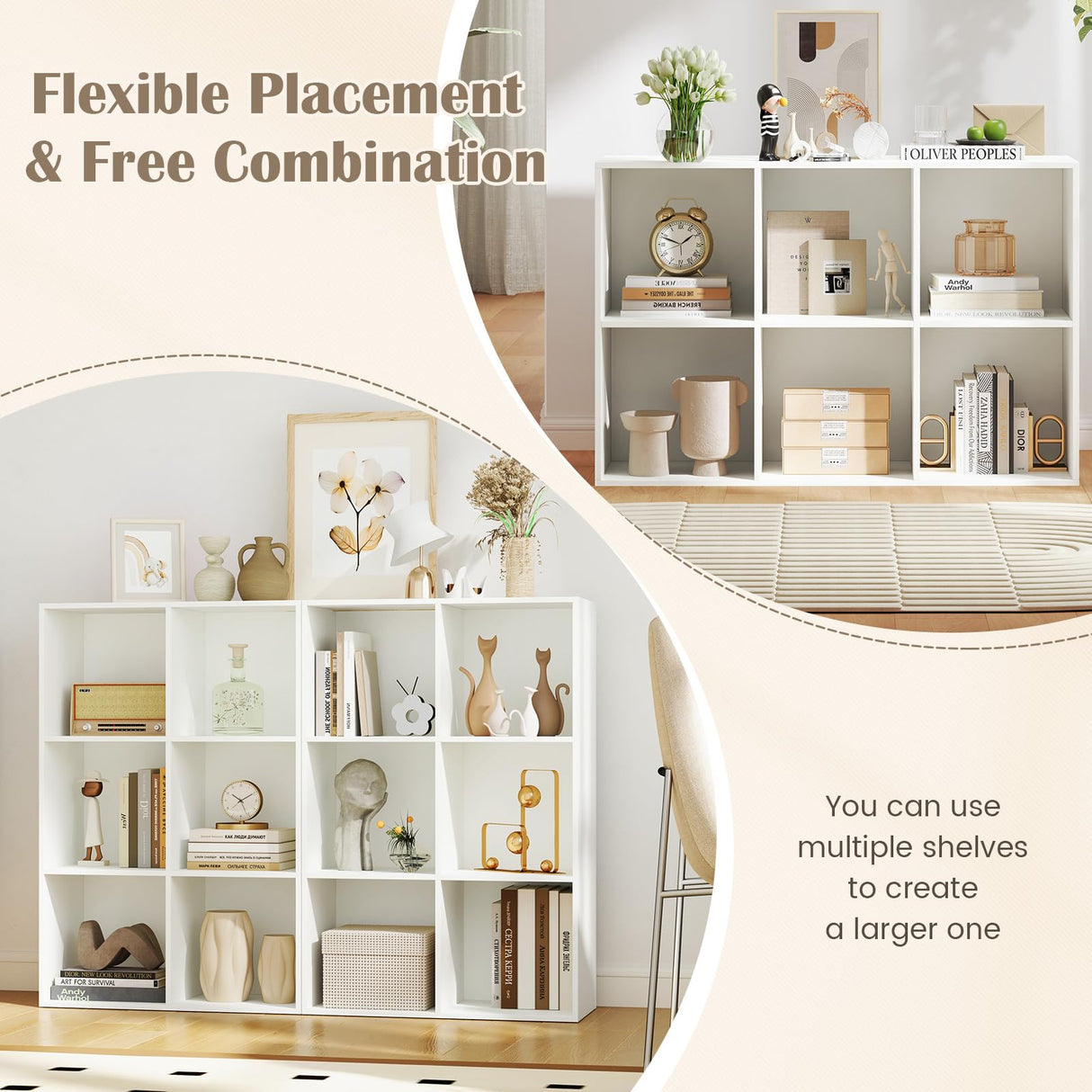 Tangkula 6-Cube Bookcase, Large Floor Standing Horizontal Bookshelf with 6 Open Shelves & 2 Anti-Tipping Kits, Home Office Wooden Storage Book Shelf for Living Room, Study (White, 6-Cube) Tangkula