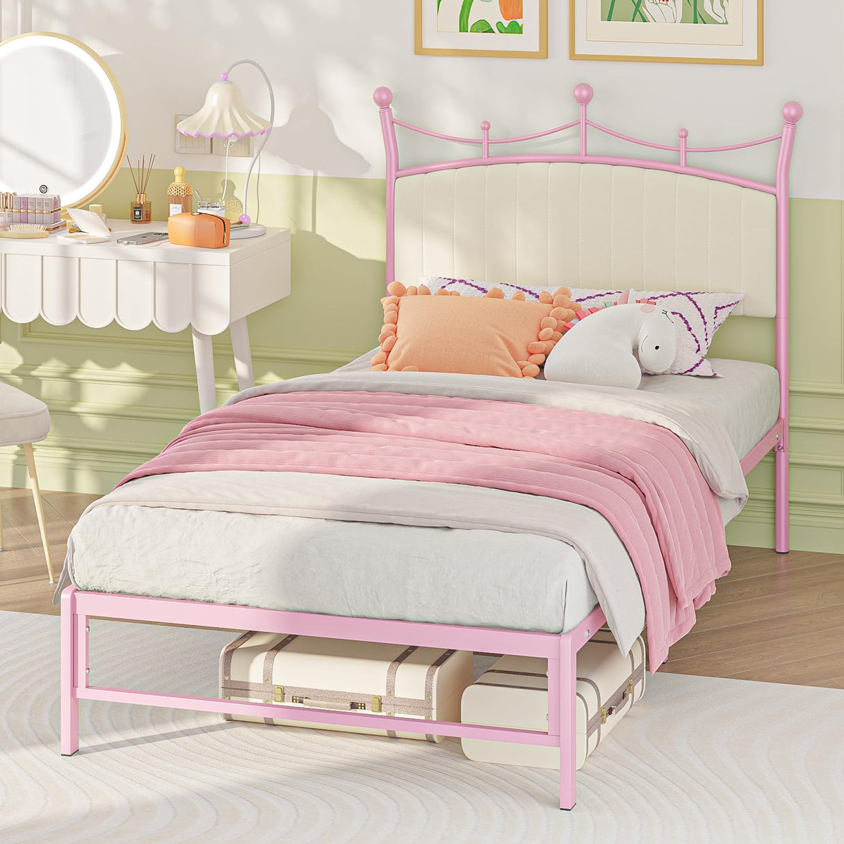 Weehom Twin Upholstered Bed Frame with Headboard, Velvet Bed Frame Metal Platform No Box Spring Needed Easy Assembly Twin Bed for Kids Adults Pink Weehom