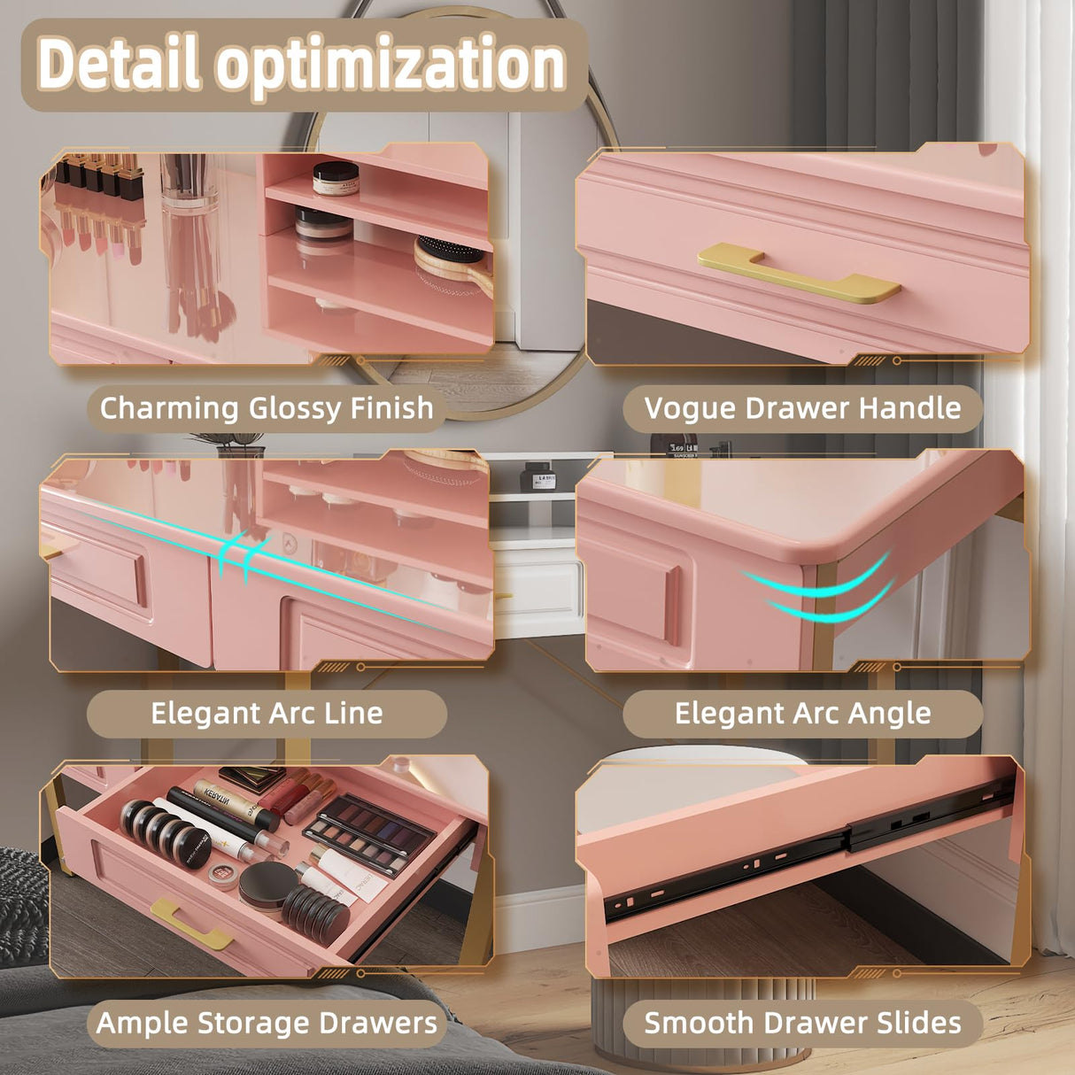WESTREE Modern Makeup Vanity Desk with Glossy Desktop,Bedroom Home Office Writing Desk with Drawers, Storage Shelf, Gold Metal Frame for Dressing Table Without Mirror WESTREE