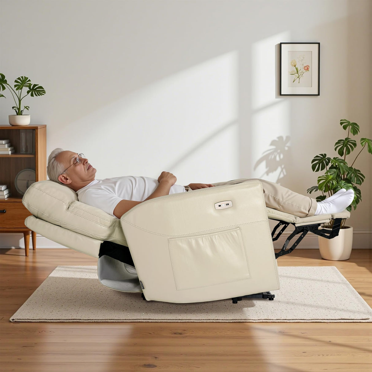 MCombo Triple Motor Oversized Lay Flat Power Lift Recliner Chair with Infinite Position, for 380lbs and Heights 5'7''-6'6" Big and Tall People, Adjustable headrest, Faux Leather R7177 (Cream White) MCombo