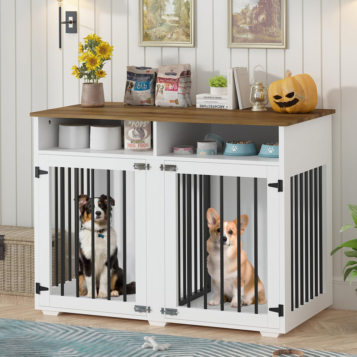 41 inch Dog Crate Furniture, Farmhouse Dog Kennel Indoor with Divider & Shelf Storage, Wooden Indoor Dog Crate for 2 Dogs, Decorative Pet Crate End Table for Large Dogs, White REVOMINCA