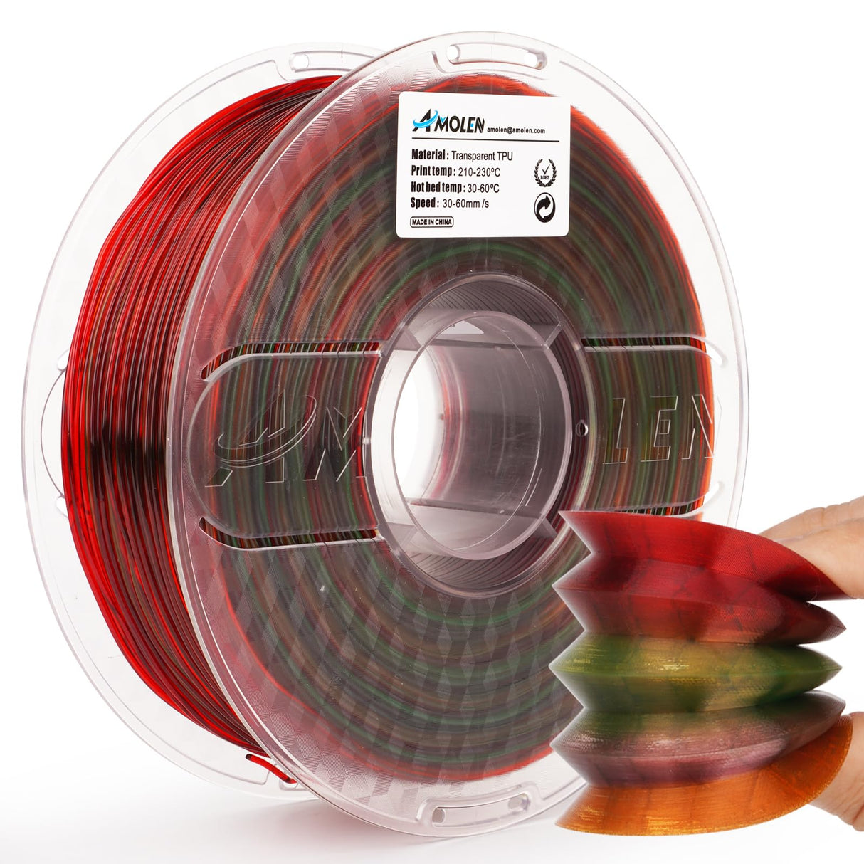 AMOLEN TPU High Speed Filament 1.75mm,Flexible TPU 3D Printer Filament,Dimensional Accuracy +/- 0.03 mm,Transparent Rainbow Red Green Purple Orange 1kg/2.5lbs Fit Most FDM Printer, 3DTPURGPO AMOLEN
