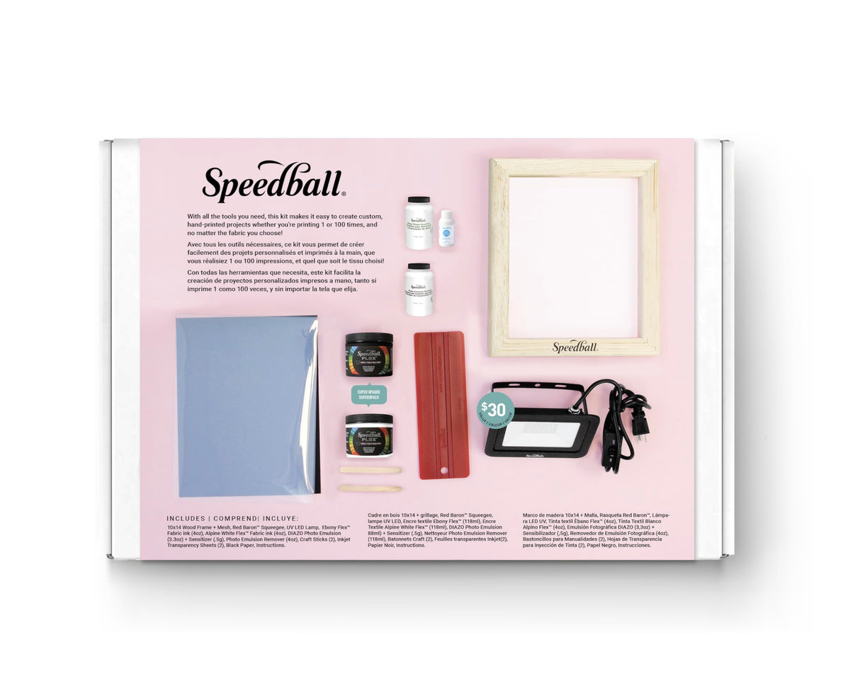 Speedball Complete Photo Emulsion Screen Printing Kit - Includes 10 × 14 in Frame, 30 W LED Exposure Lamp, Flex Fabric Inks , Diazo Solution, Remover, Transparencies Speedball