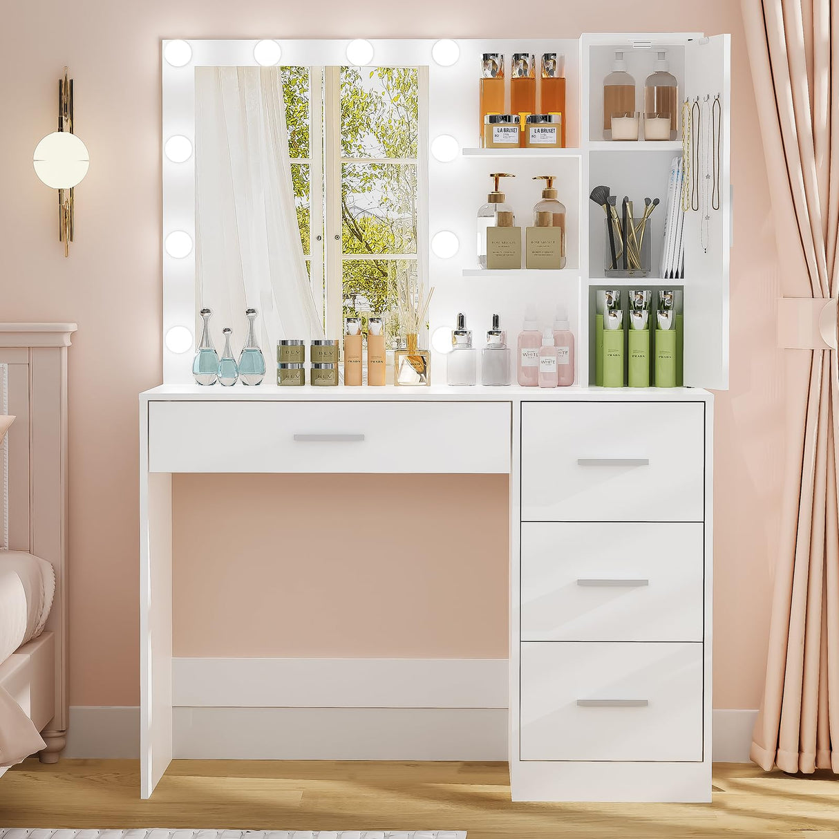 usikey Makeup Vanity with Lights, Vanity Desk with Mirror and 10 LED Lights, Vanity Table Set with 4 Drawers, Cabinet & 4 Necklace Hooks, Dressing Table for Bedroom, White usikey