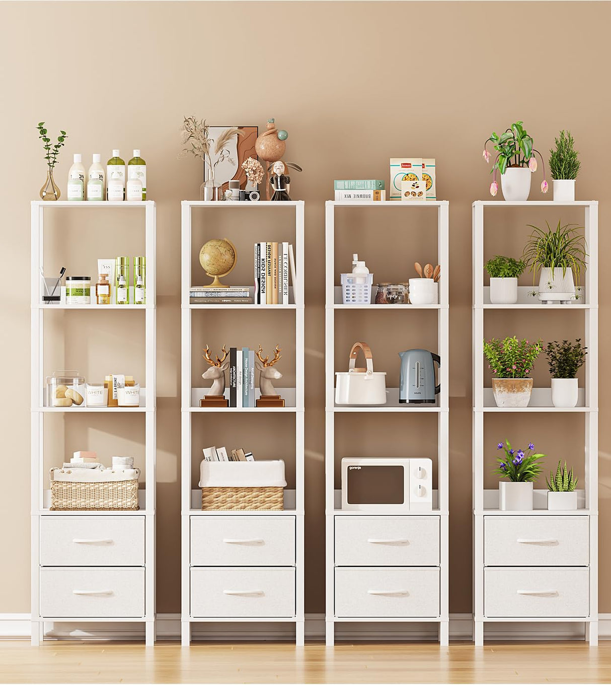 VIMBER Tall Bookshelf with Drawers, 6-Tier Bookcase for Books, Garage Kit, CDs, Movies, Modern Standing Bookshelves Storage Organizer for Bedroom Office Living Room White USSJ002W VIMBER