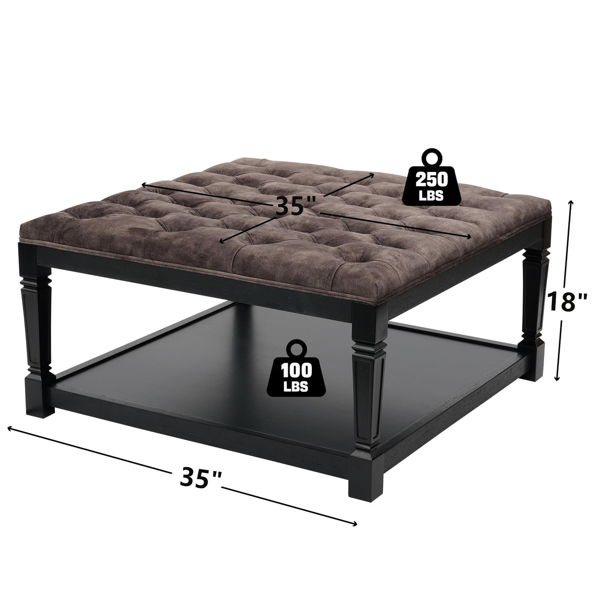 Polarisys Storage Ottoman Bench, 35 Inch Ottomans with Storage, Coffee Table Ottomans for Living Room Large Ottoman Bench Square Coffee Table with Wooden Shelf Brown Polarisys