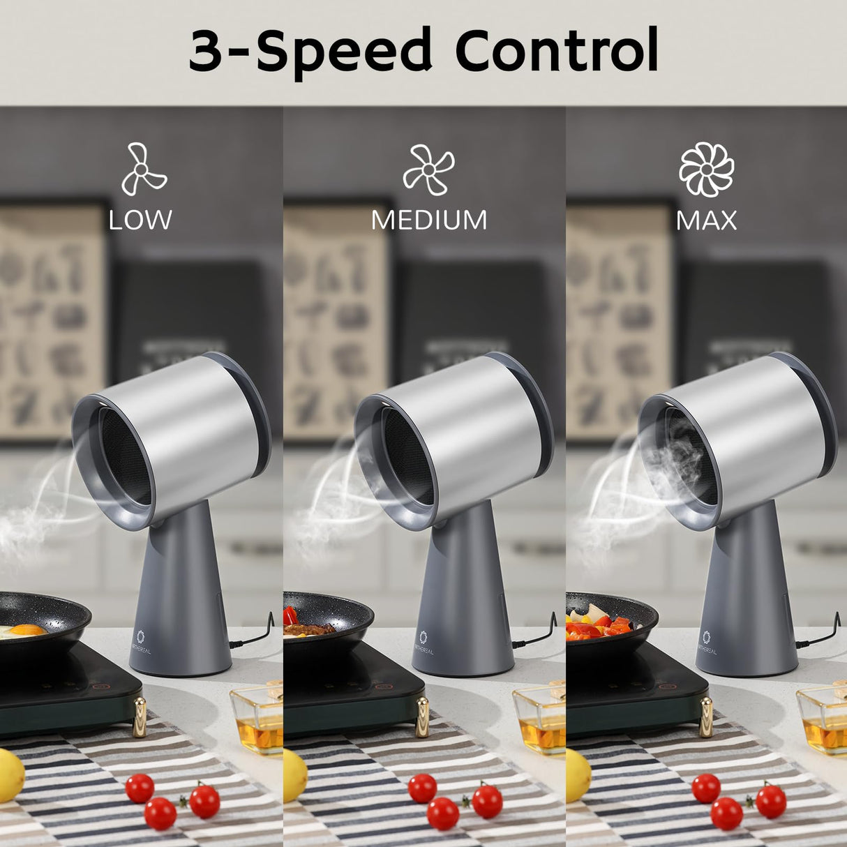 AIRTHEREAL RH180 Desktop Range Hood with 3 Speeds and Large Oil Collection Cup, Detachable Aluminum Carbon Filter, Low Noise Portable Kitchen Exhaust Fan for Cooking, Silver AIRTHEREAL