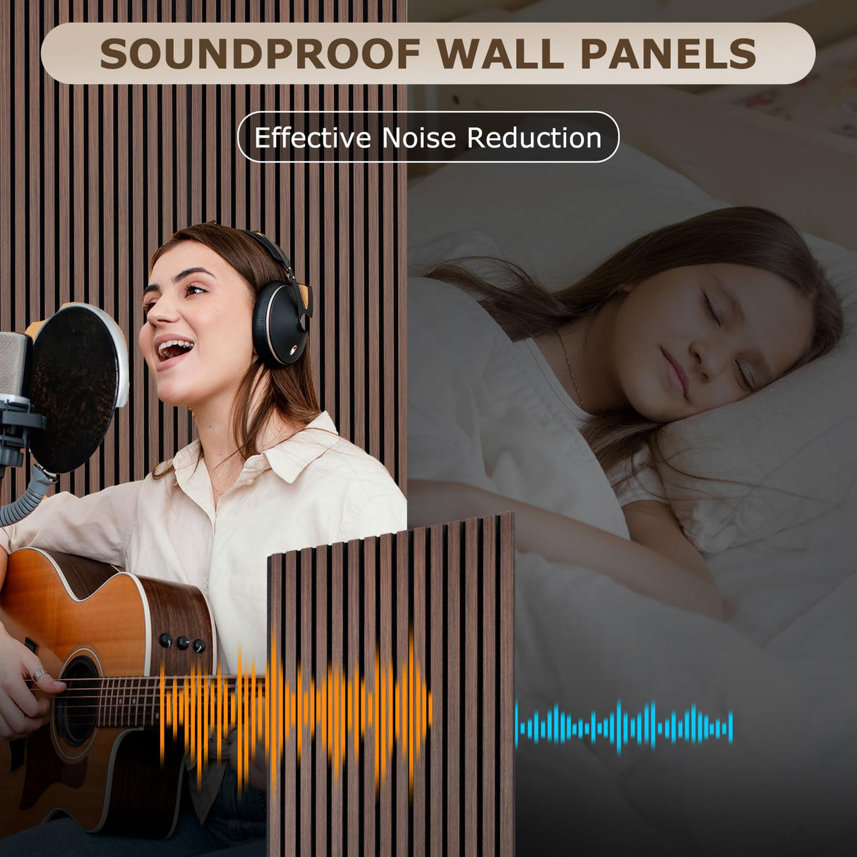 DOLLAR BOSS Wood Slat Acoustic Panels for Wall, 46.5" x 23.6" 2Pcs Soundproof Absorbing Wall Panel with Wood Finish 3D Fluted, Ebony DOLLAR BOSS