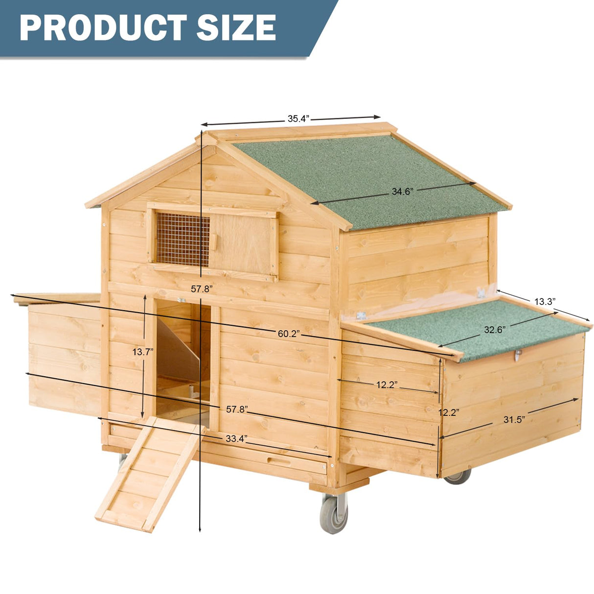 ECOLINEAR Large Chicken Coop with Wheels, Waterproof Outdoor Hen House for 6-8 Chickens, Movable Chicken House with Two Nesting Box, Removable Tray, PVC Cover, Wooden Duck Coop Rabbit Hutch ECOLINEAR