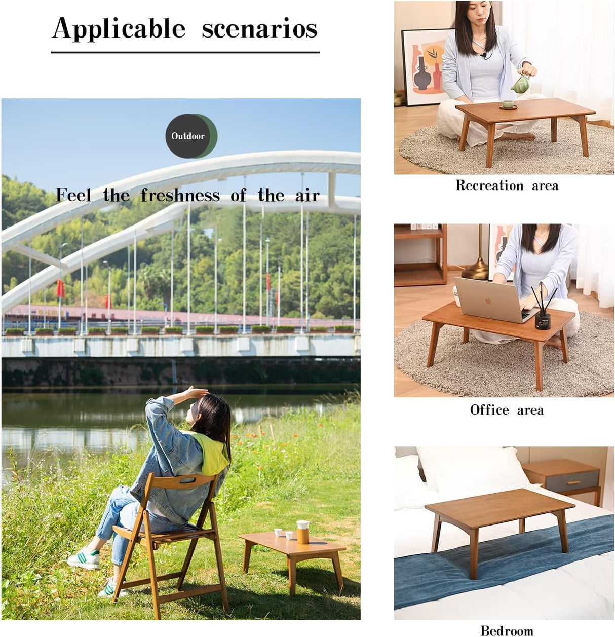 JIKUGO Foldable Bamboo Small Table Foldable Floor Desk Folding Coffee Table No Assembly Required for The Floating Window Tatami Tea Room Balcony Living Room Outdoor(Large) JIKUGO