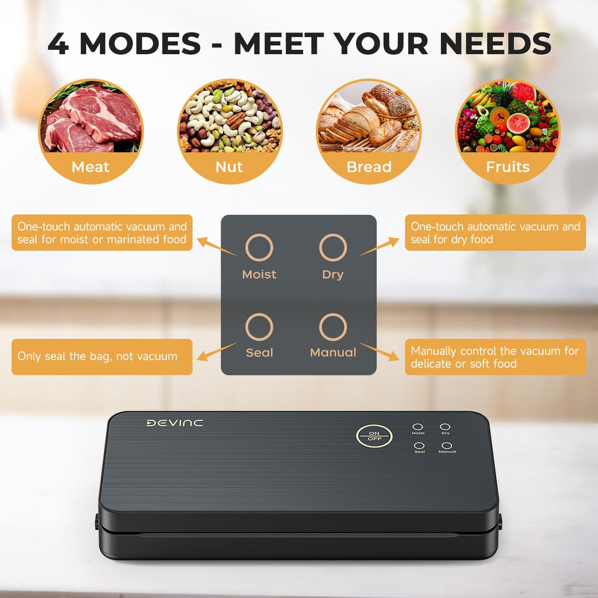 DEVINC Vacuum Sealer Machine, Compact Food Sealer with 10 Vaccum Bags & 1 Bag Roll, Multi-functional Food Vacuum Sealer for Food Storage, Dry & Moist Food Modes with Built-in Cutter, Black DEVINC