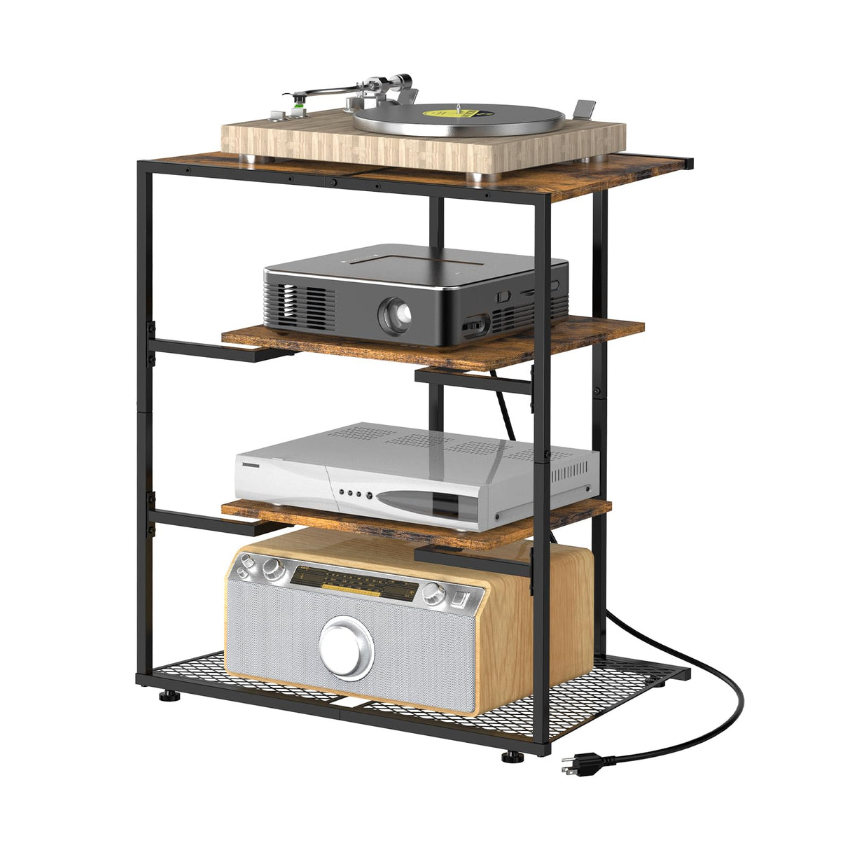 YBING 4-Tier AV Media Stand, Stereo Cabinet, Media Console with Charging Station, Record Player Stand, Corner TV Shelf, Brown YBING