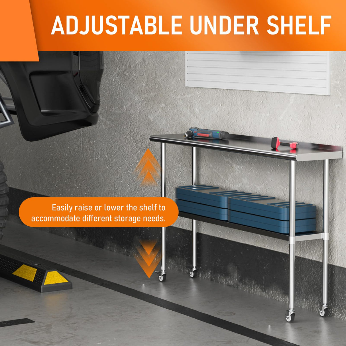 HOCCOT Stainless Steel Table for Prep & Work 14" X 60" inches with Adjustable Shelf and Backsplash, Commercial Workstations, Utility Table in Kitchen Garage Laundry Room Outdoor BBQ HOCCOT