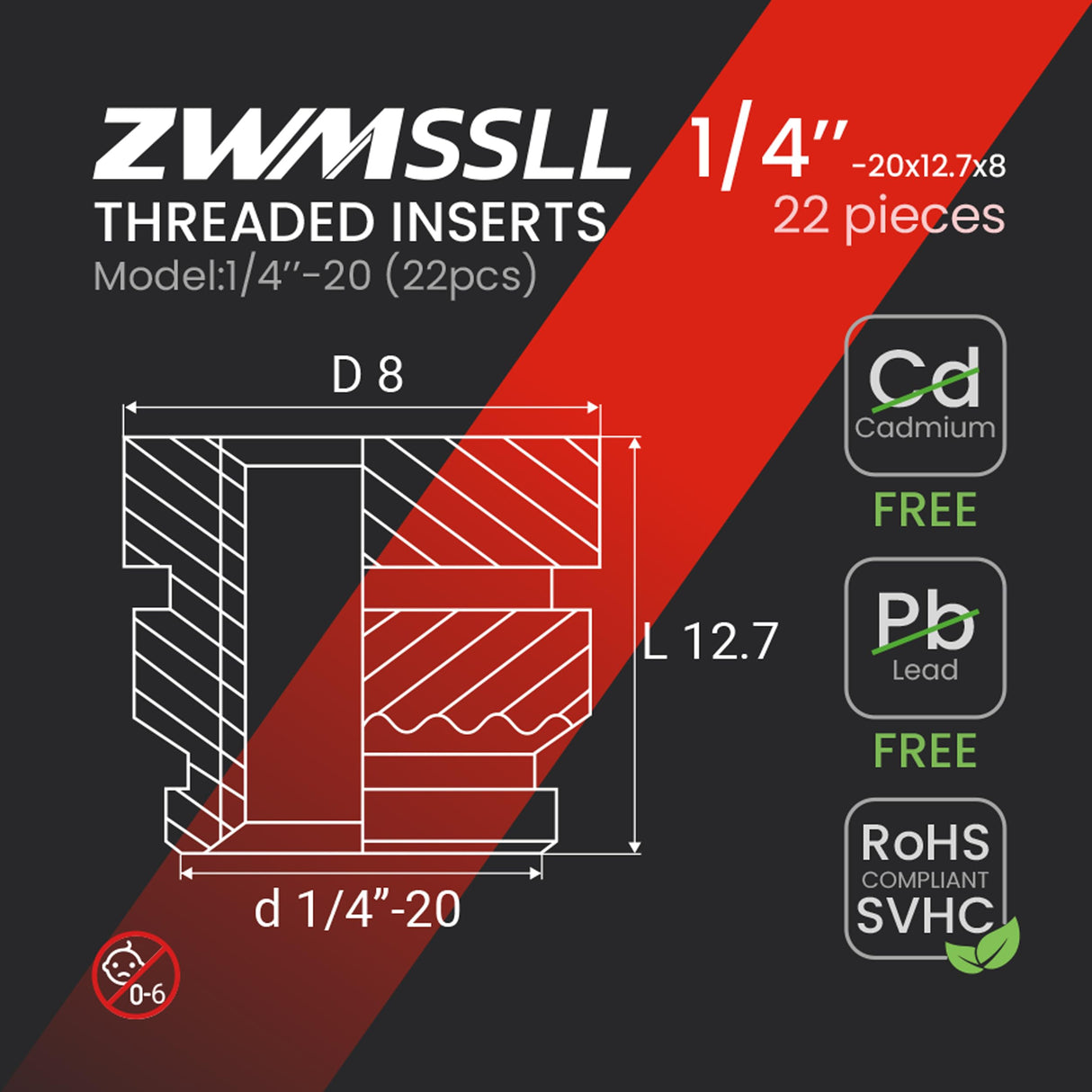 Zwmssll 1/4'' Threaded Inserts,1/4-20 Heat Set Insert,22 Pieces 1/4 20x12.7x8 Knurled Nuts,Brass Threaded Inserts for Plastic and 3D Printing Components ZWMSSLL