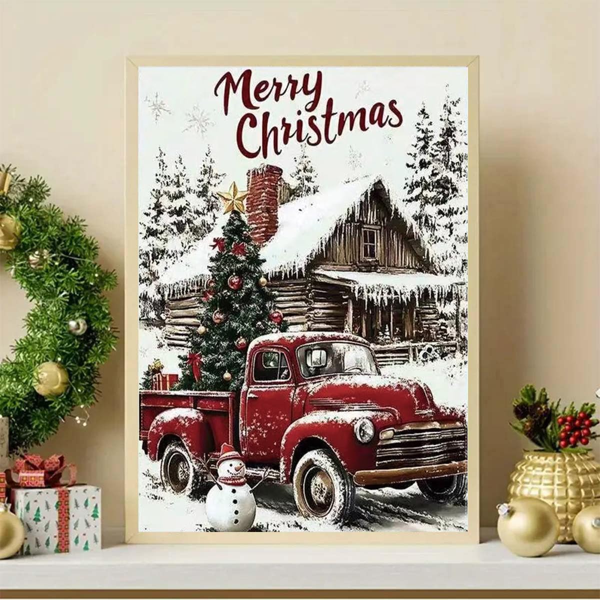 Christmas Winter 5D Diamond Art Kits for Adults,Red Truck Diamond Painting,DIY Full Round Drill Diamond Dot Painting Gem Art for Adult Home Wall Decor 12x16 Inch GEMFAMILY