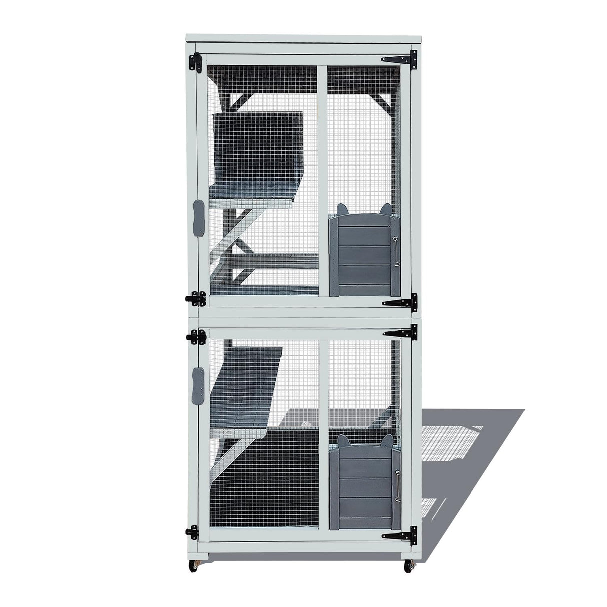 Outdoor Catio Enclosure on Wheel, 71" Large Catio Outdoor Cat Enclosure with Weatherproof Asphalt Roof & Sliding Doors, Wooden Cat Condo Cage Shelter Playpen with 2 Napping House & 4 Jumping Platforms Mochalight