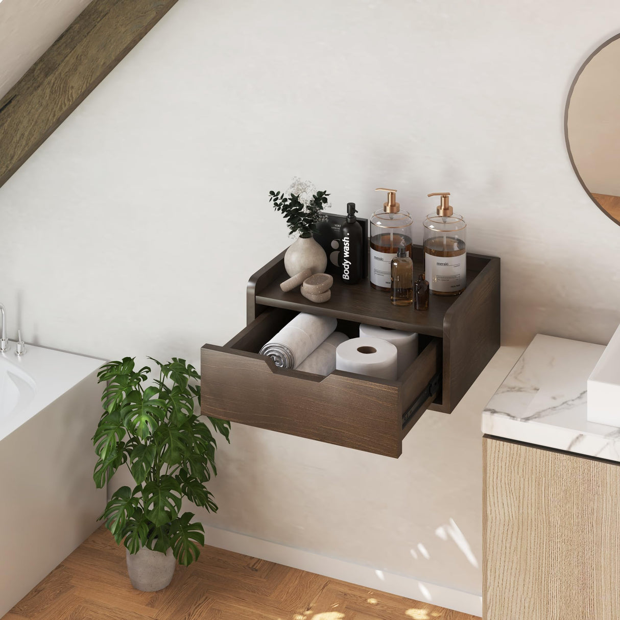 Floating Nightstand, Bedside Shelf Wall Mounted, Small Modern Floating Shelf Nightstand with Drawer, Floating Bedside Table Wall Shelf for Bedroom, Bathroom (Pine Wood) MVPSONAG