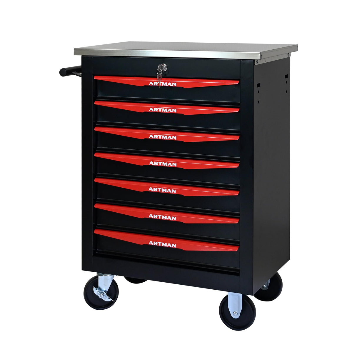 7 Drawers Rolling Tool Chest, Tool Storage Cabinet with Wheels Rolling Tool Cart with 7 Drawers, Rolling Tool Box Organizer, Metal Tool Cart for Garage Workshop Black and Red, Stainless Steel Top CHD