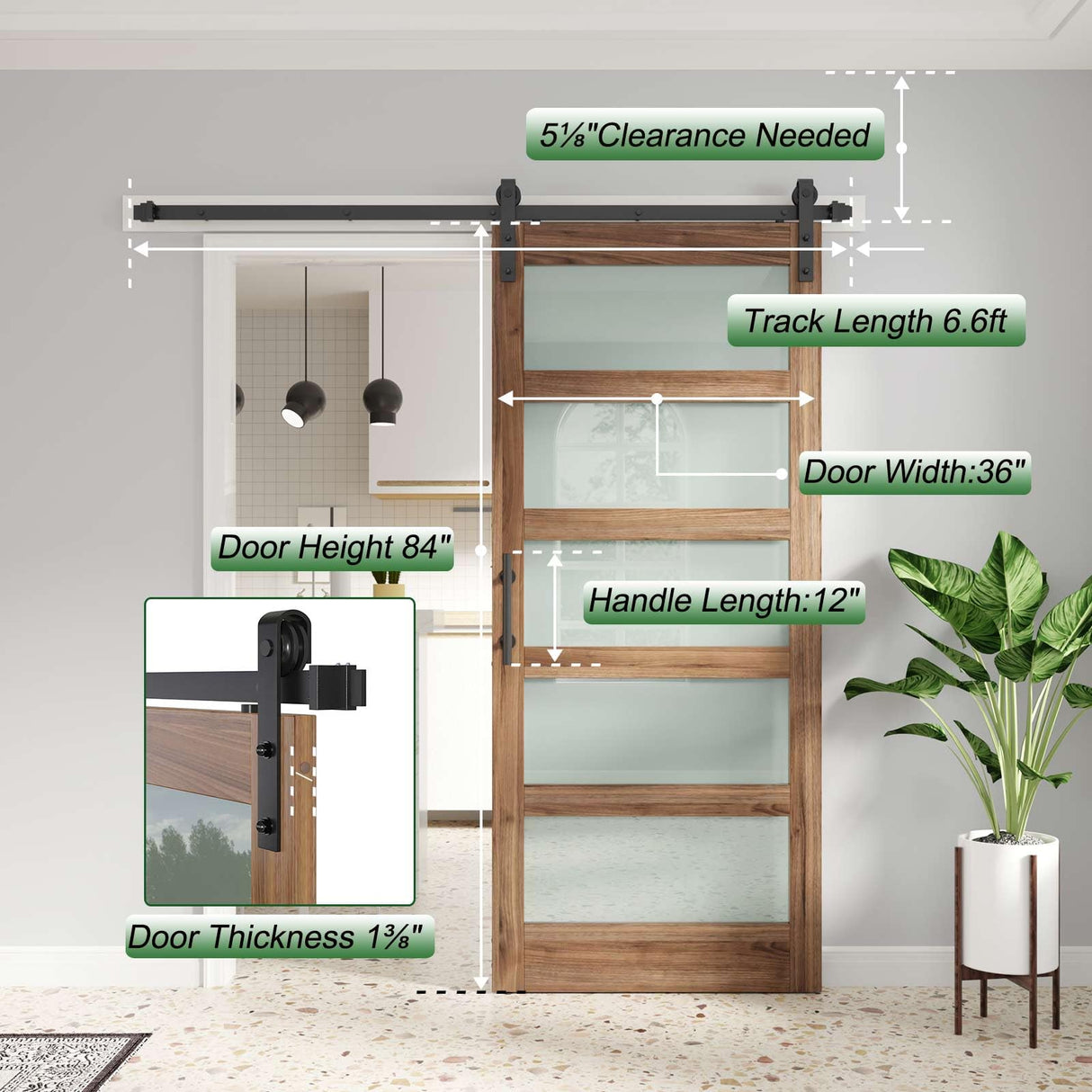 FREDBECK 36 x 84 inch Glass Barn Door with 6.6FT Barn Door Hardware Kit & Handle Included,5-Panel Frosted Glass, Water-Proof Surface,Pre-Drilled Holes,Need Assembly FREDBECK