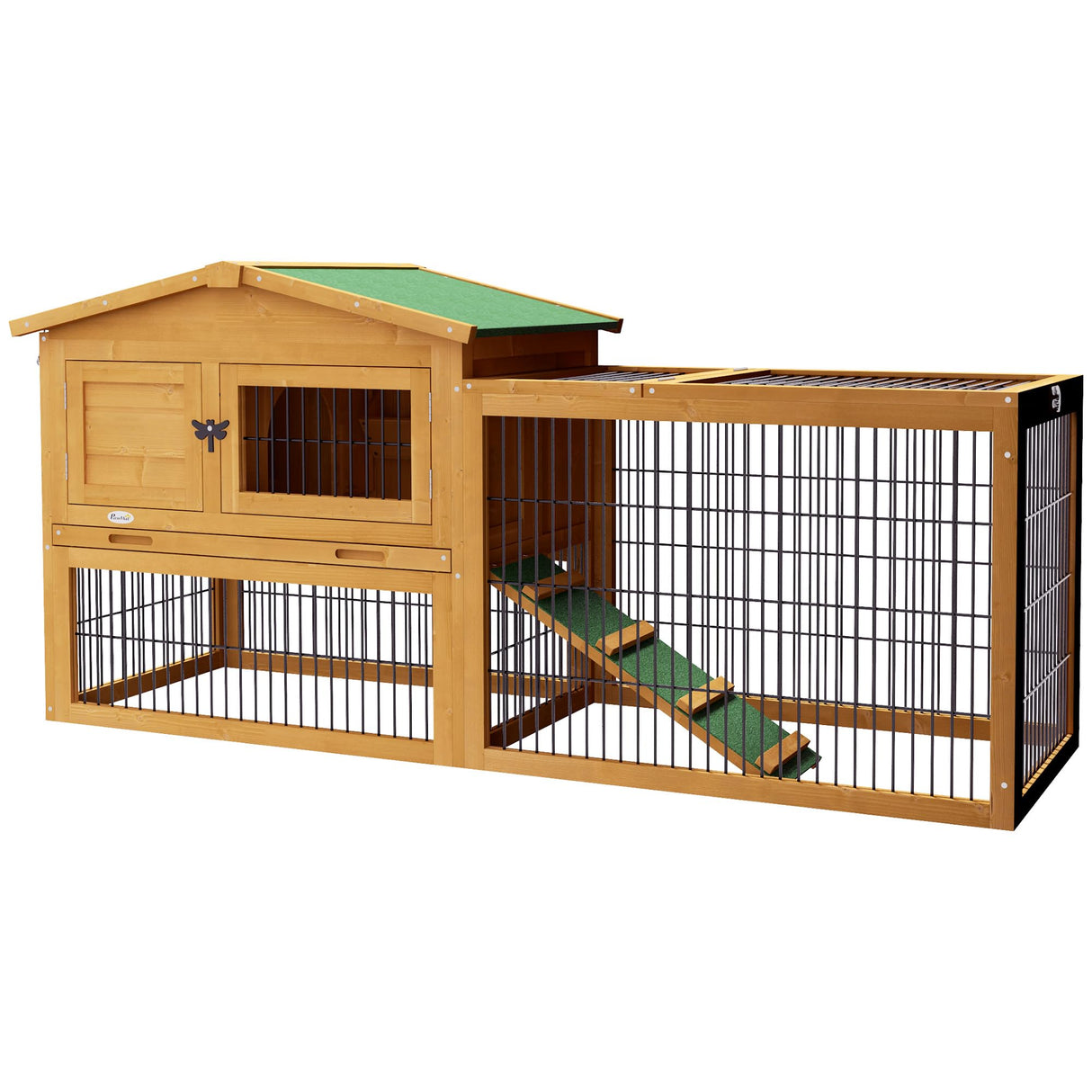 PawHut Rabbit Hutch, 2 Story Outdoor Bunny Cage with Slide-Out Tray, Run Cage, Openable Top for Rabbits, Guinea Pig, Yellow PawHut