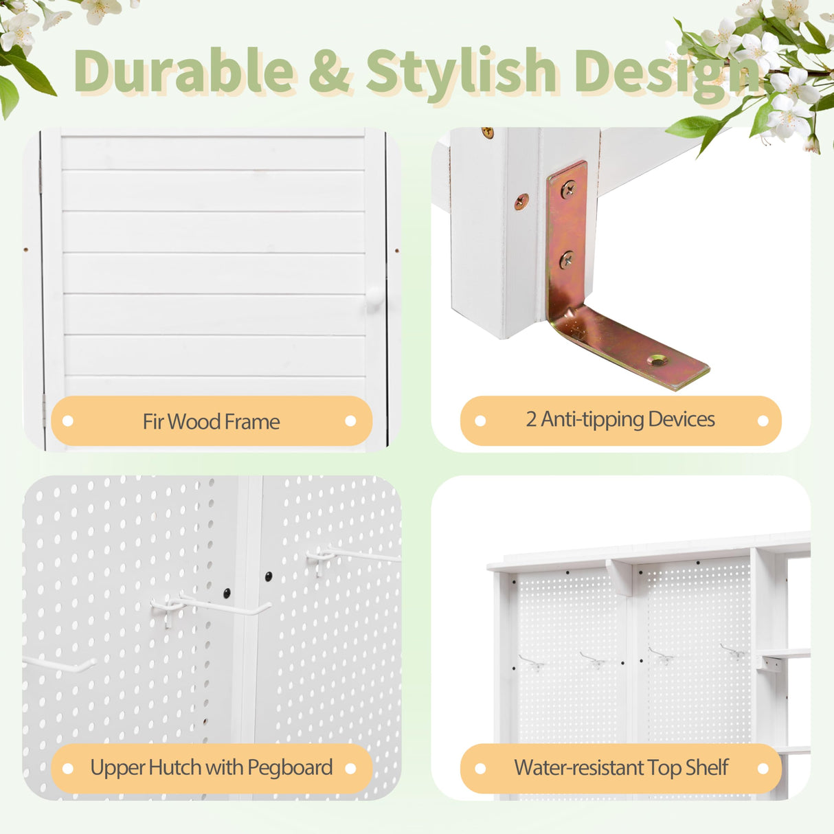 Fir Wood Potting Bench with Hutch - Outdoor Garden Workstation with 4 Shelves, Drawer & Adjustable Storage, 50.2" Countertop, & Pegboard (White + Wood + Rustic) Oevsld