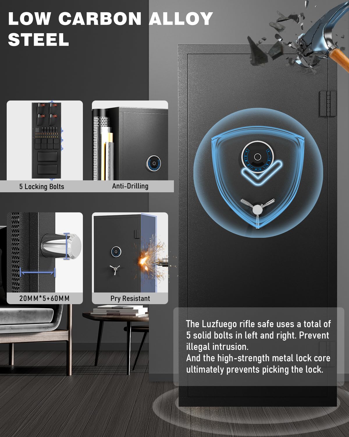 Luzfuego 20-25 Large Gun Safe, Fingerprint Gun Safe for Rifles and Pistols with LCD Keypad & Gun Rack, Unassembled Long Gun Cabinet for Home and Shotguns with Mute Function & Dual Alarm Luzfuego