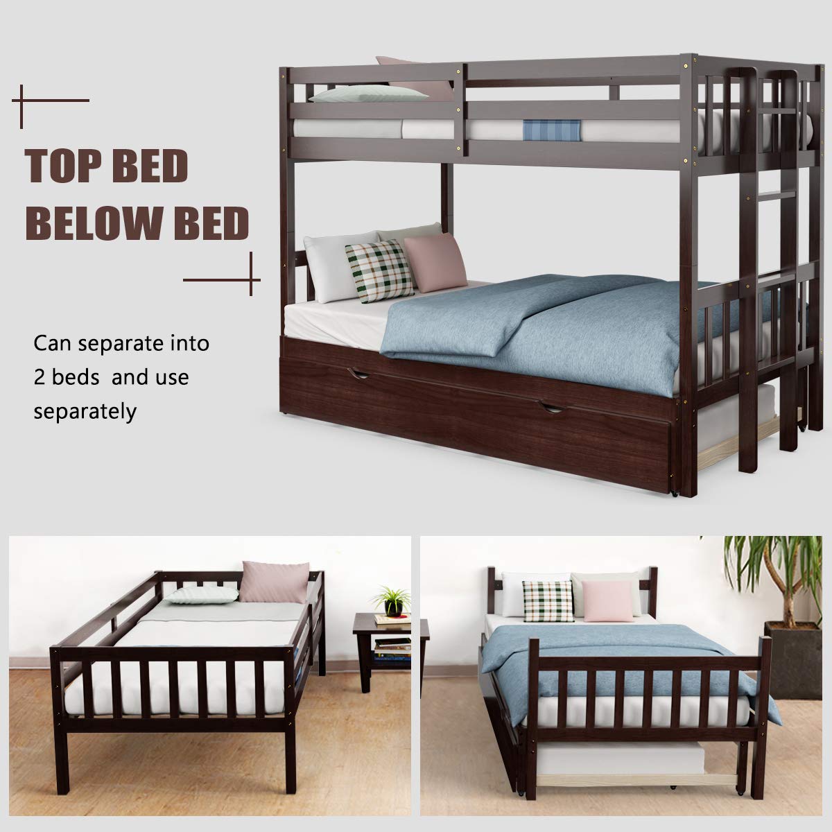 Giantex Twin Over Pull-Out Bunk Bed with Trundle, Extendable Twin/Full/Queen/King Bunk Bed, Solid Wood Bunk Bed with Ladder and Safety Rail, Wooden Bunk Beds for Kids Adults Teens, Espresso Giantex