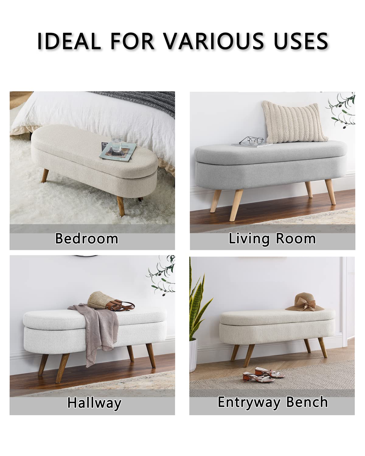 ECLYL Oval Storage Bench 43.5" Linen Fabric Upholstered Entryway Bench with Solid Wood Legs Ottoman Bench Indoor Bench for Living Room/Bedroom/End of Bed/Entryway (Beige) ECLYL
