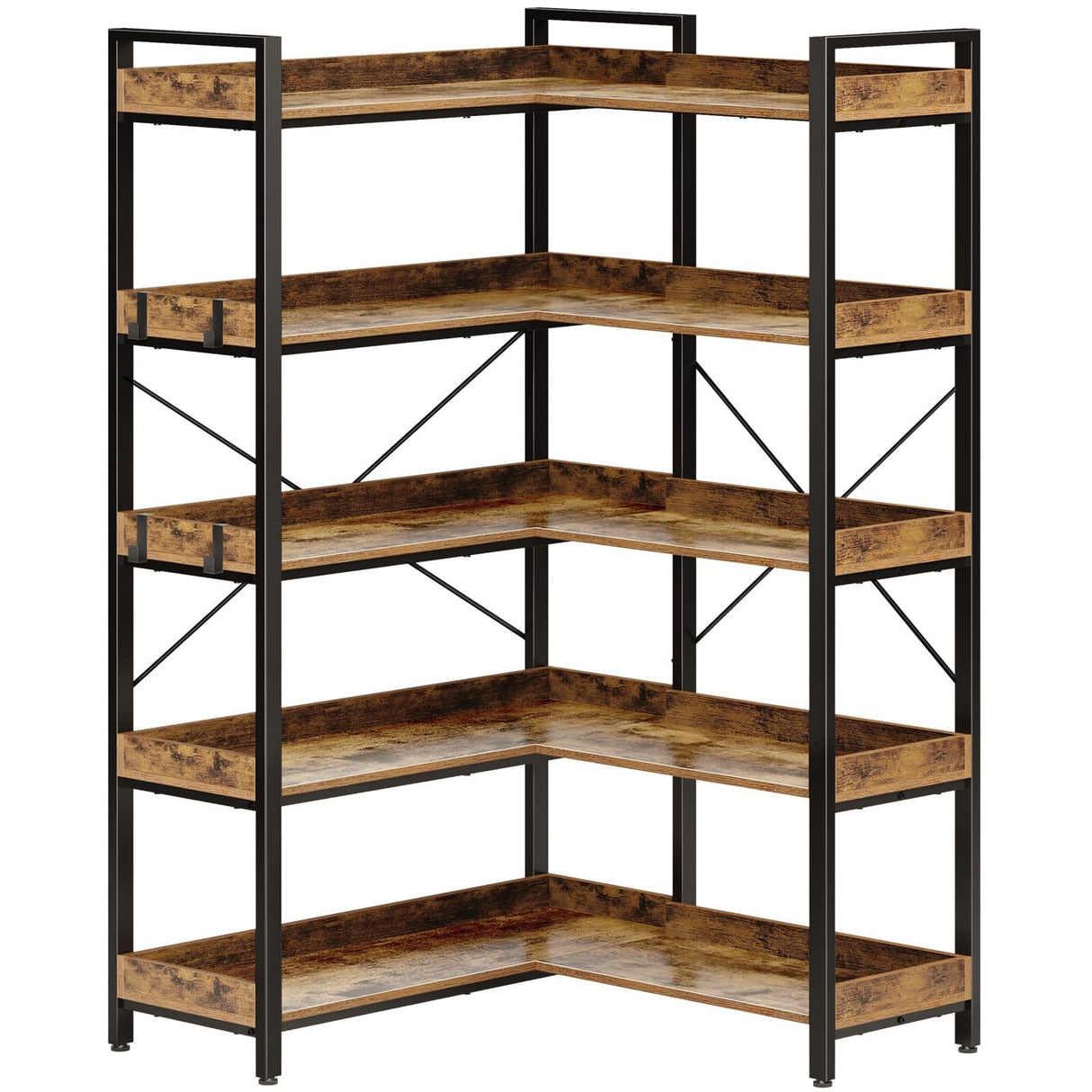 Rolanstar Bookshelf 5 Tier with 4 Hooks, Reversible Corner Bookshelf, 65" Industrial Wooden Bookcase with Open Shelves and Metal Frame for Living Room, Bedroom, Home Office, Rustic Brown Rolanstar