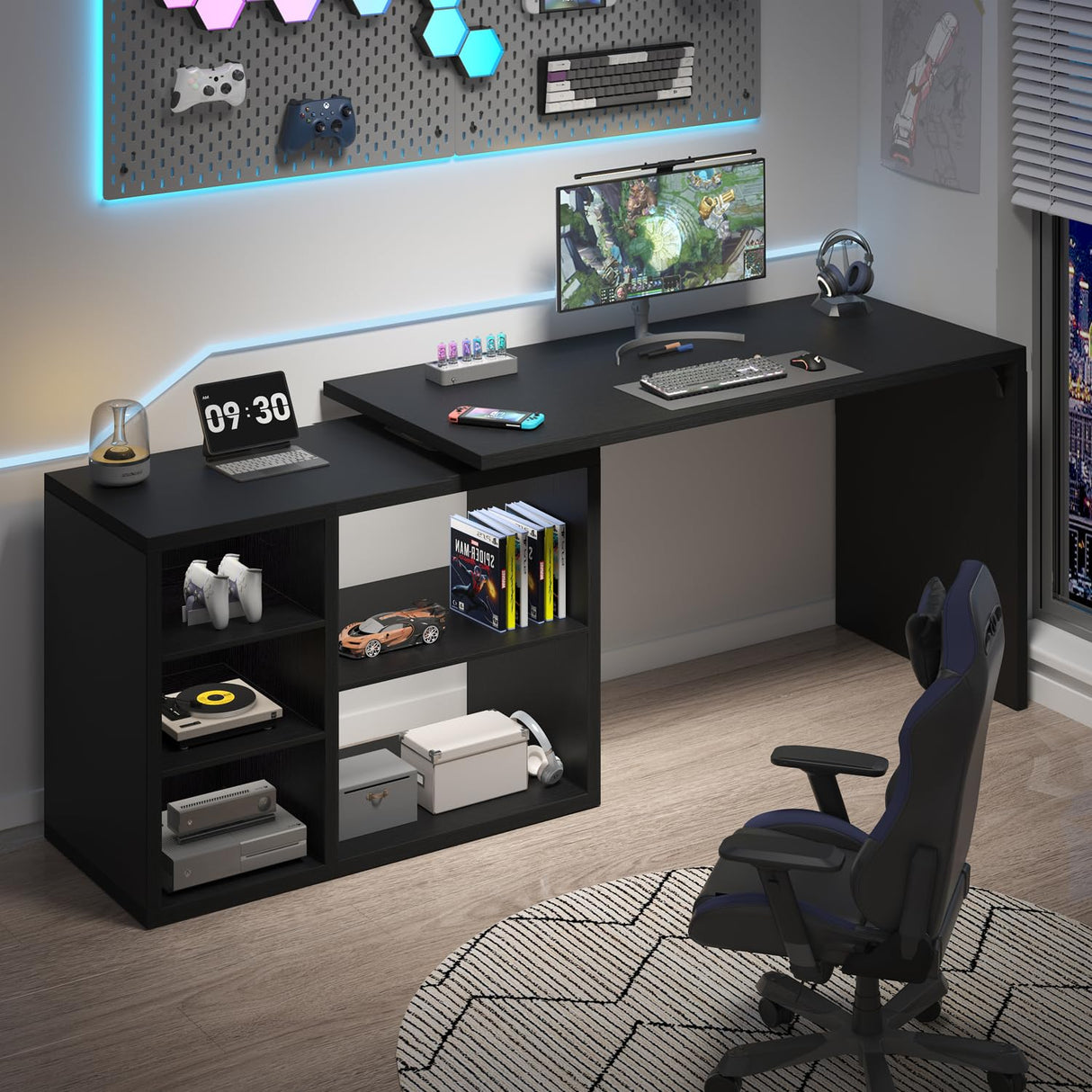 HSH Black L Shaped Computer Desk, Corner Desk with Storage Cabinet Drawer Shelves, Reversible Industrial Wood Executive Workstation, L-shaped Home Office Table for Work Study Writing Gaming, 55 Inch HSH