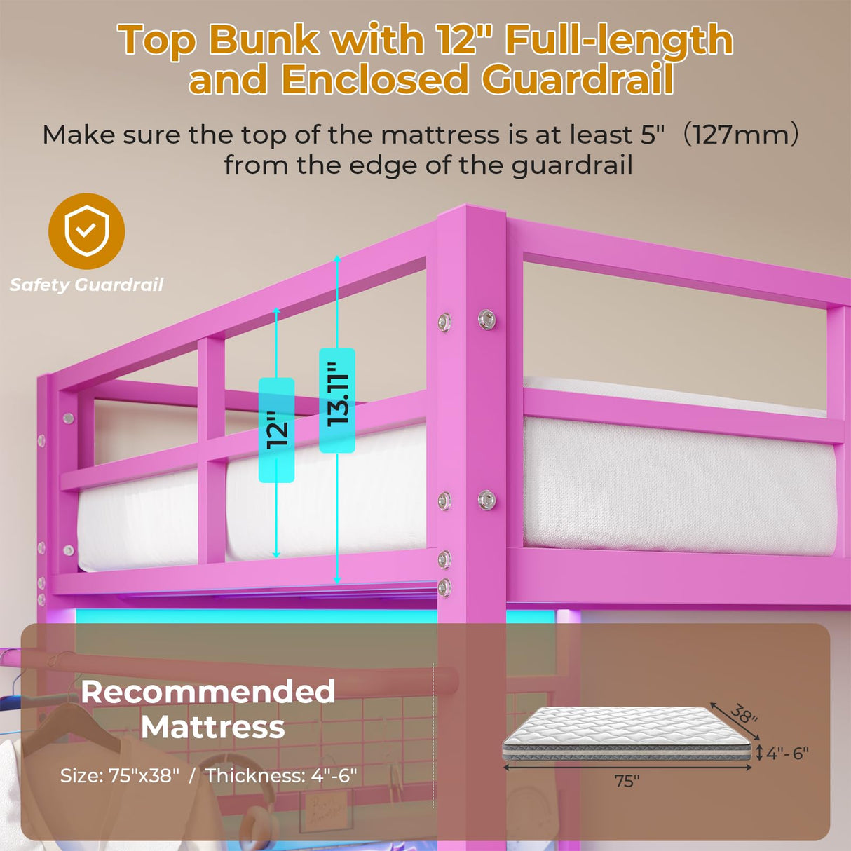 DICTAC Bunk Bed with Desk and Charging Station Metal Loft Bed Twin Size with Led Lights & Storage Shelves and Drawers L-Shaped Twin Over Twin Size Bunk Bed for Teen,Safety Guardrail and Ladder,Pink DICTAC