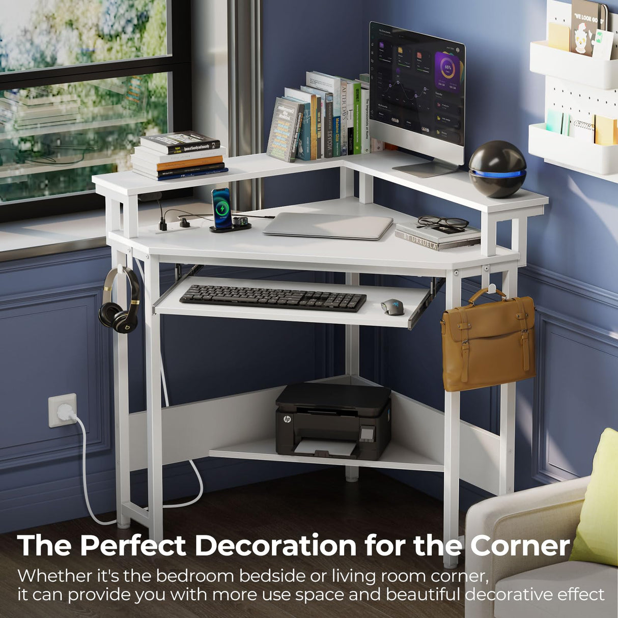 Rolanstar Corner Desk, 44.5"W x 34.5"H Small Computer Desk with Power Outlets & LED Lights, Triangle corner computer desk with Keyboard Tray & Monitor Stand for Small Space, Small Office Desk, White Rolanstar
