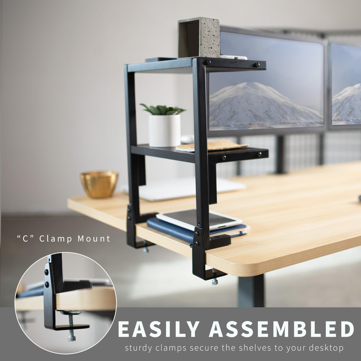 VIVO Clamp-on 13 inch Above or Below Desk 2-Tier Shelving Unit for Table Accessories, Gaming Devices, and More, Storage Tray, Desktop Organizer, Black, STAND-SHELF2C VIVO