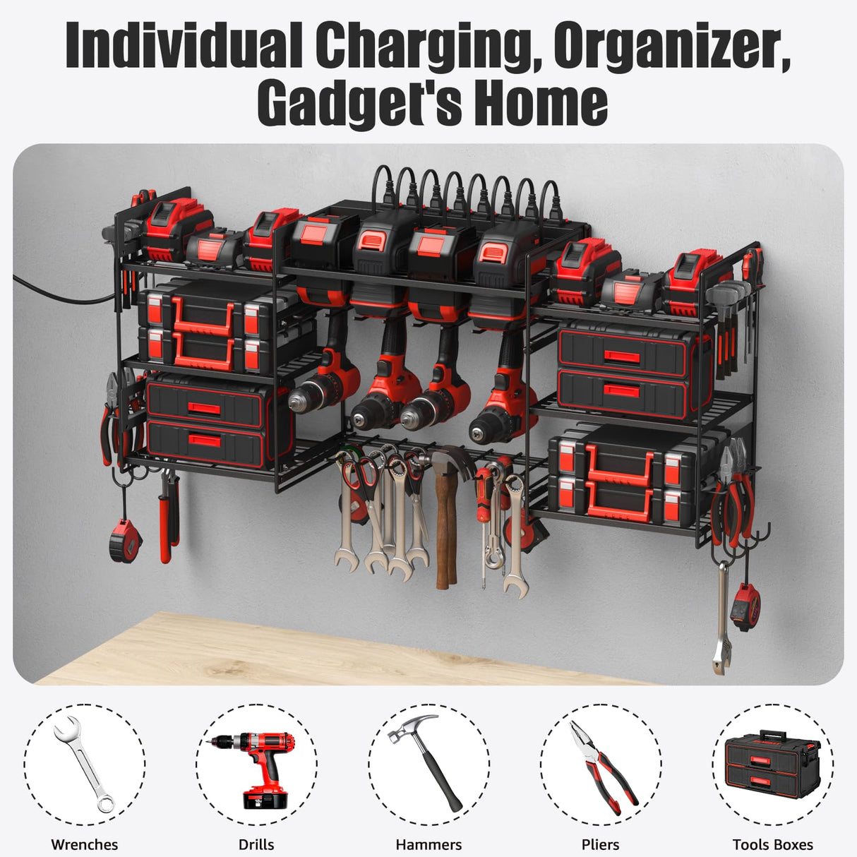 CCCEI Black Power Tools Organizers Wall Mount, Large Tools and Battery Storage Rack Charging Station. 8 Drill Holder, All Metal, Garage Utility Shelves with 6FT Power Strip. Gift for Men. CCCEI