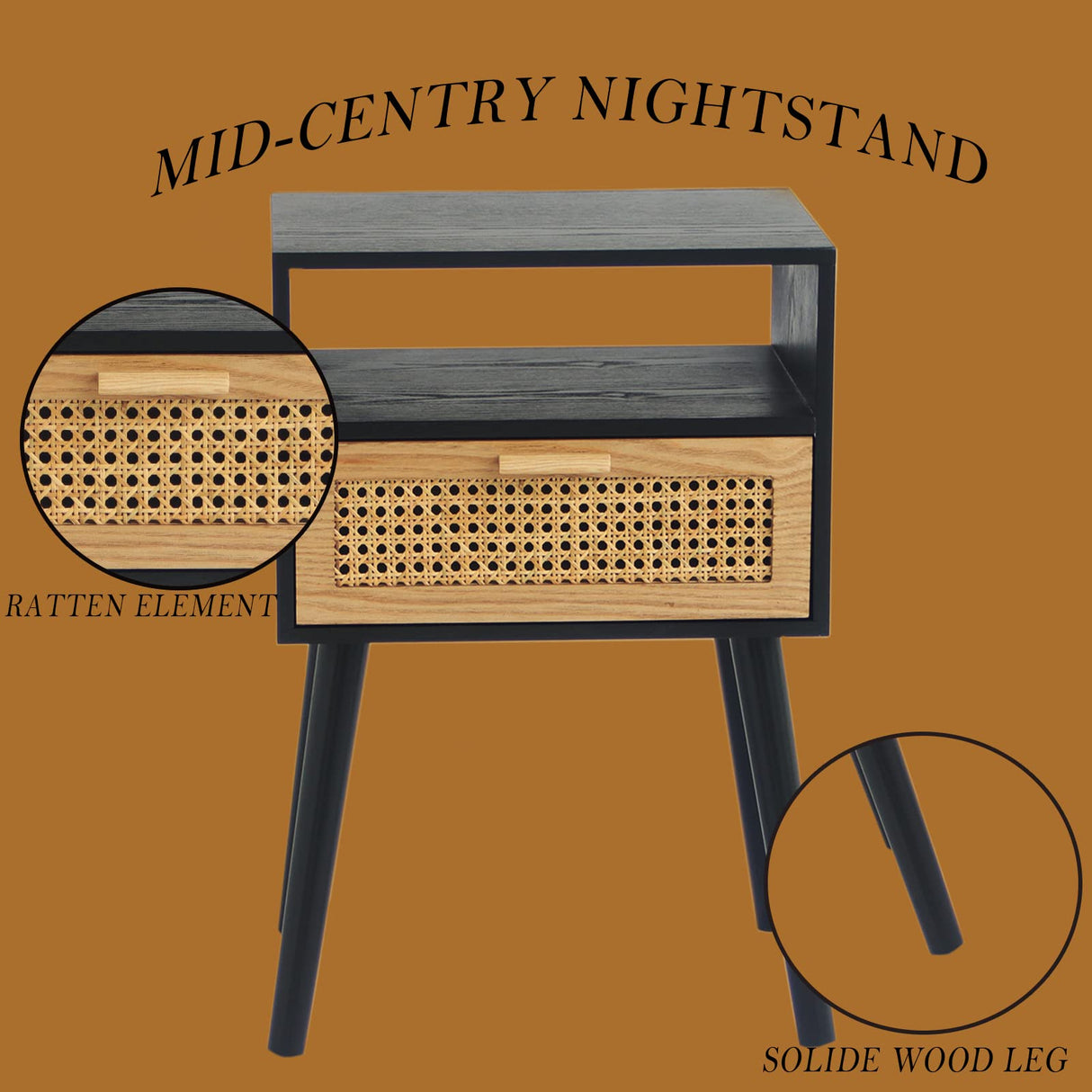 MaxSmeo End Table with Storage Mid Century Nightstand with Rattan Drawer and Shelf, Wood Small Side Coffee Table for Small Space, Living Room and Bedroom, Easy Assembly (Black) MaxSmeo