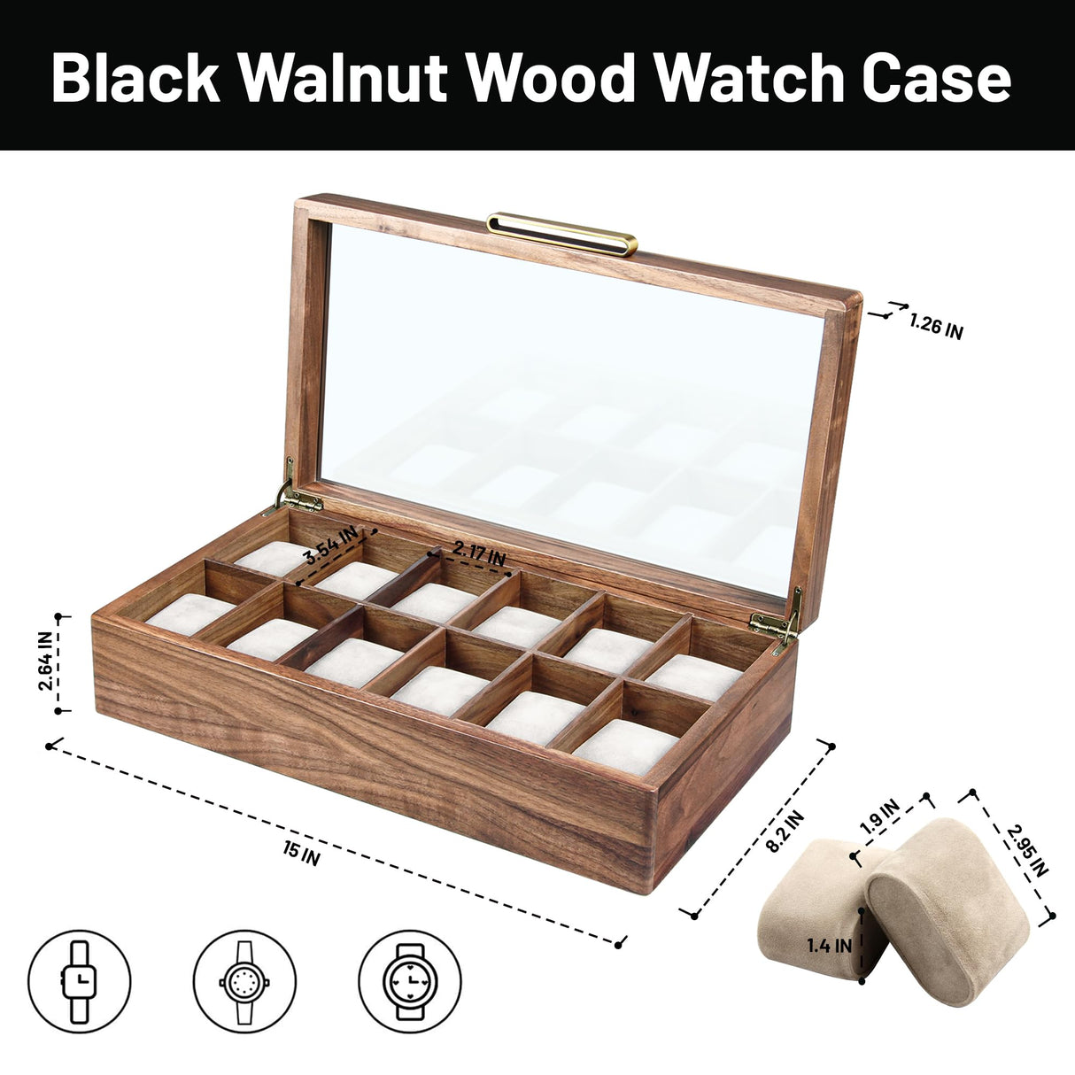 KITEISCAT Black Walnut Wood Watch Case for Men, 12-Slot Watch Box With Glass Lid & Watch Pillows, Watch Holder, Watch Display Case, Watch Box Organizer, Watch Storage Solution KITEISCAT