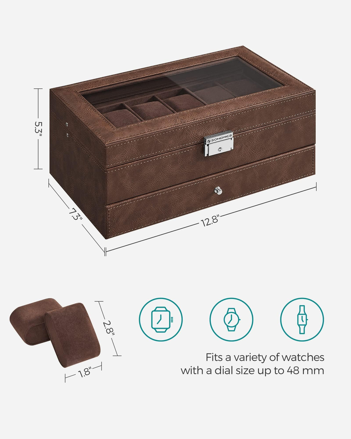 SONGMICS 12-Slot Watch Box, Lockable Watch Case with Glass Lid, 2 Layers, with 1 Drawer for Rings, Bracelets, Gift Idea, Brown Synthetic Leather, Brown Lining UJWB012K01 SONGMICS