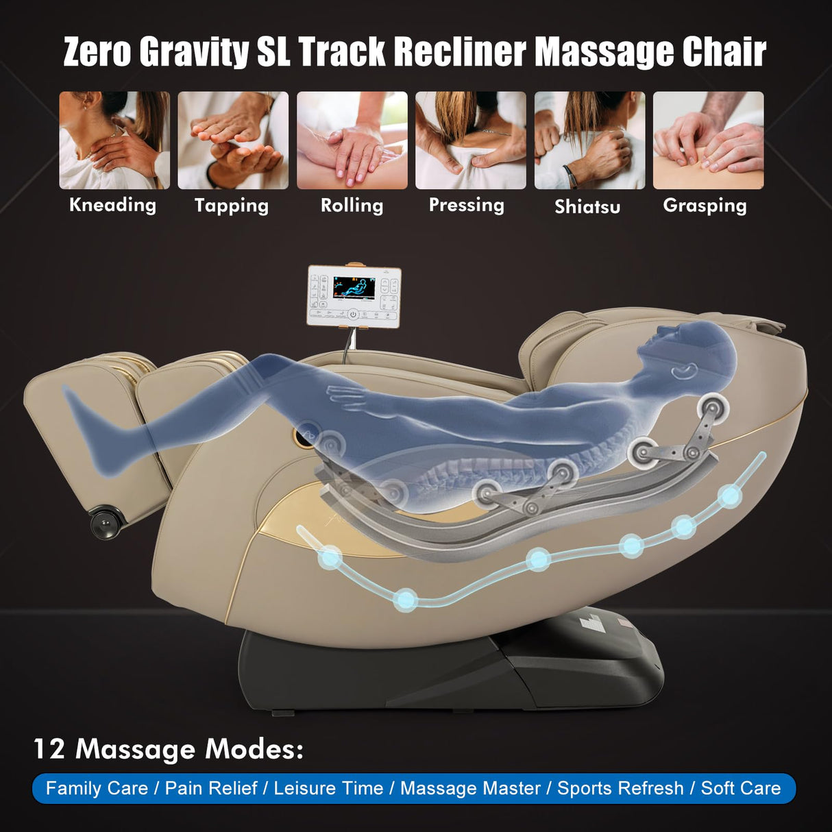 Artist hand Massage Chair Full Body, Zero Gravity Massage Chair SL-Track Shiatsu Massage Recliner Chair with 12 Modes, Bluetooth Speakers, Body Scan, Heating, Foot Roller, AI Control, Airbags, Khaki Artist hand